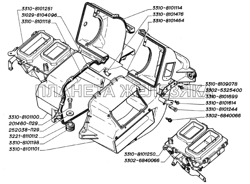 Детали корпуса отопителя (для автомобилей выпуска с 2003 года) ГАЗ-2705 (дв. ЗМЗ-402)